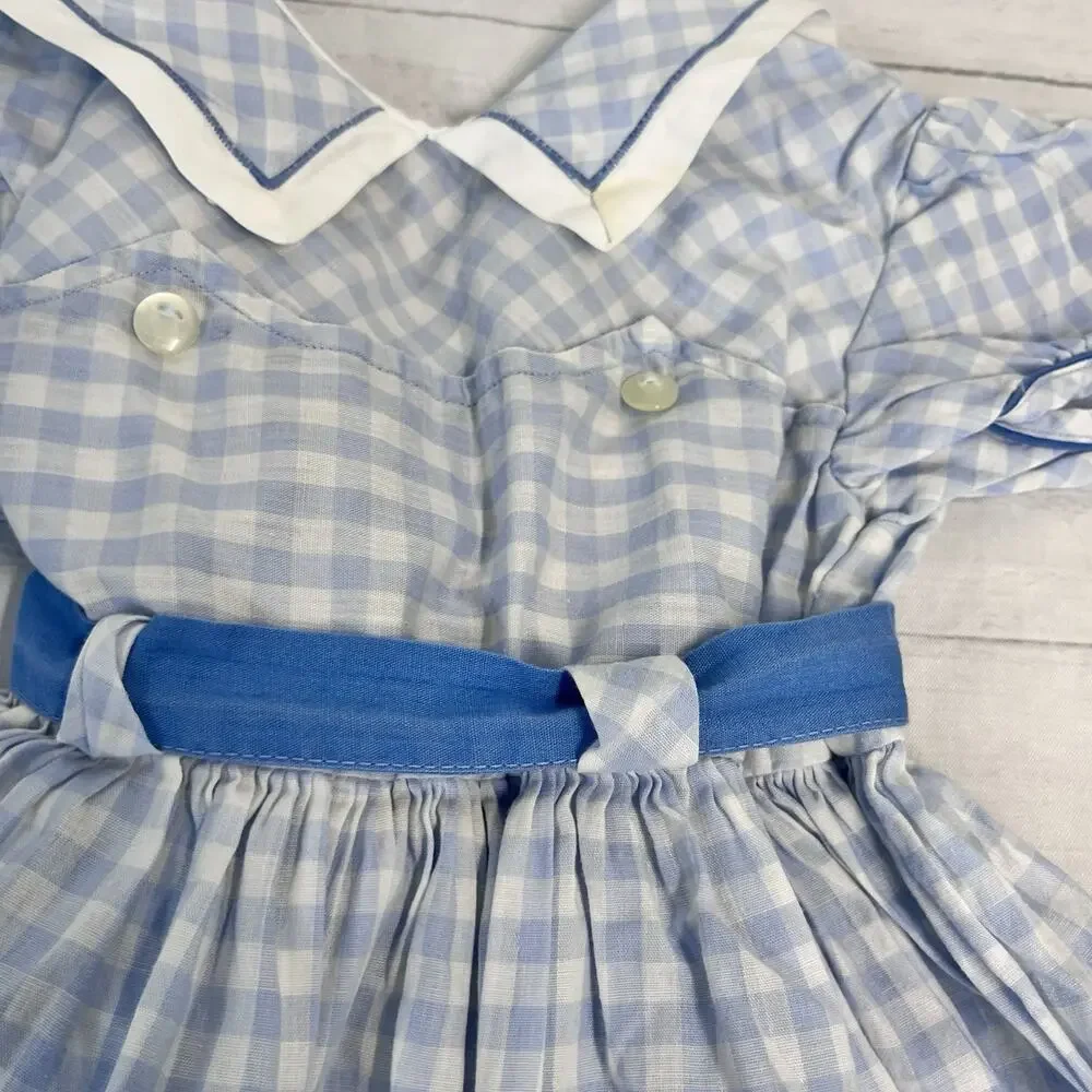 Vintage Girl's Dress Nannette size 3 Toddler Frock Blue White Gingham Collar
